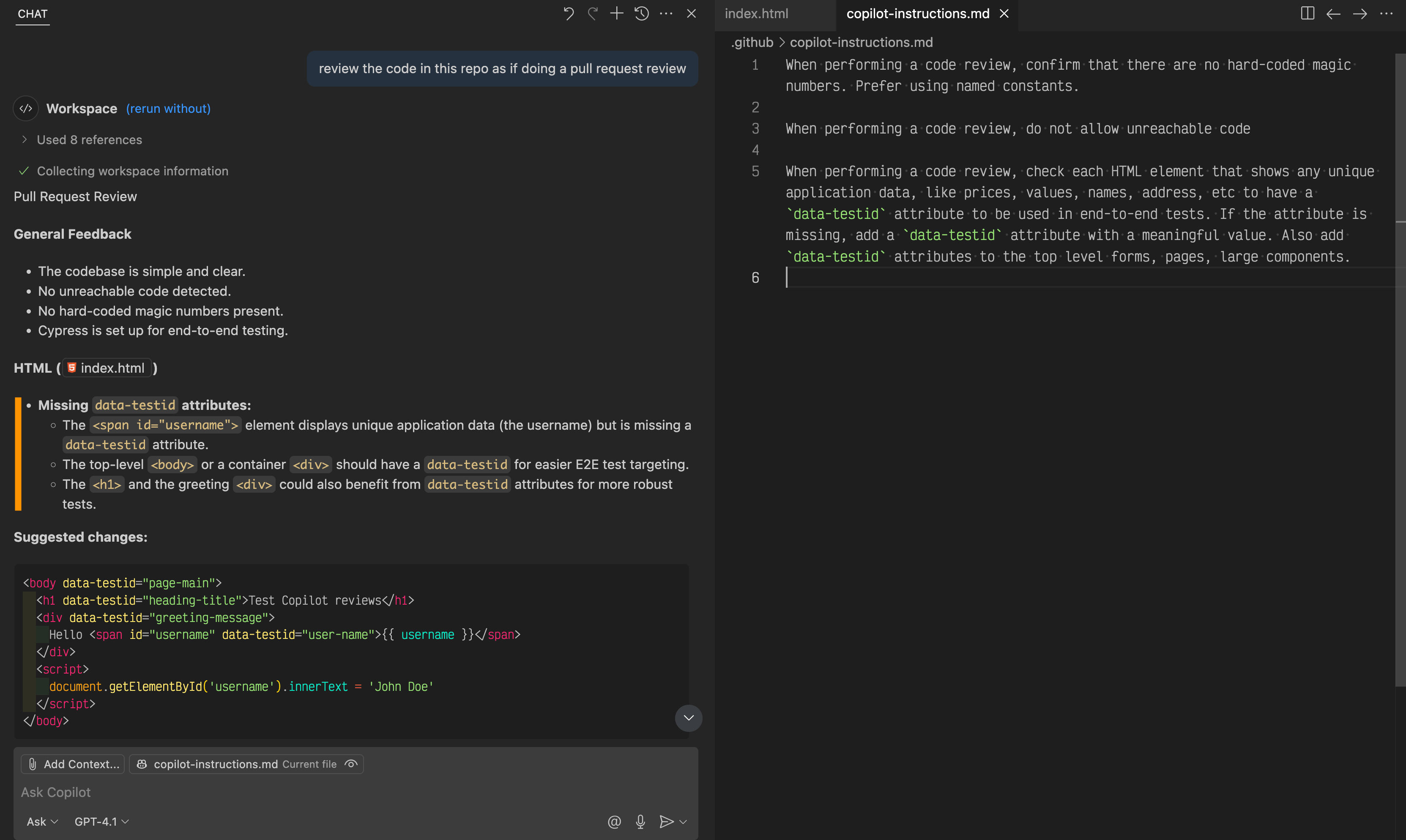 Human code review of an AI-generated pull request