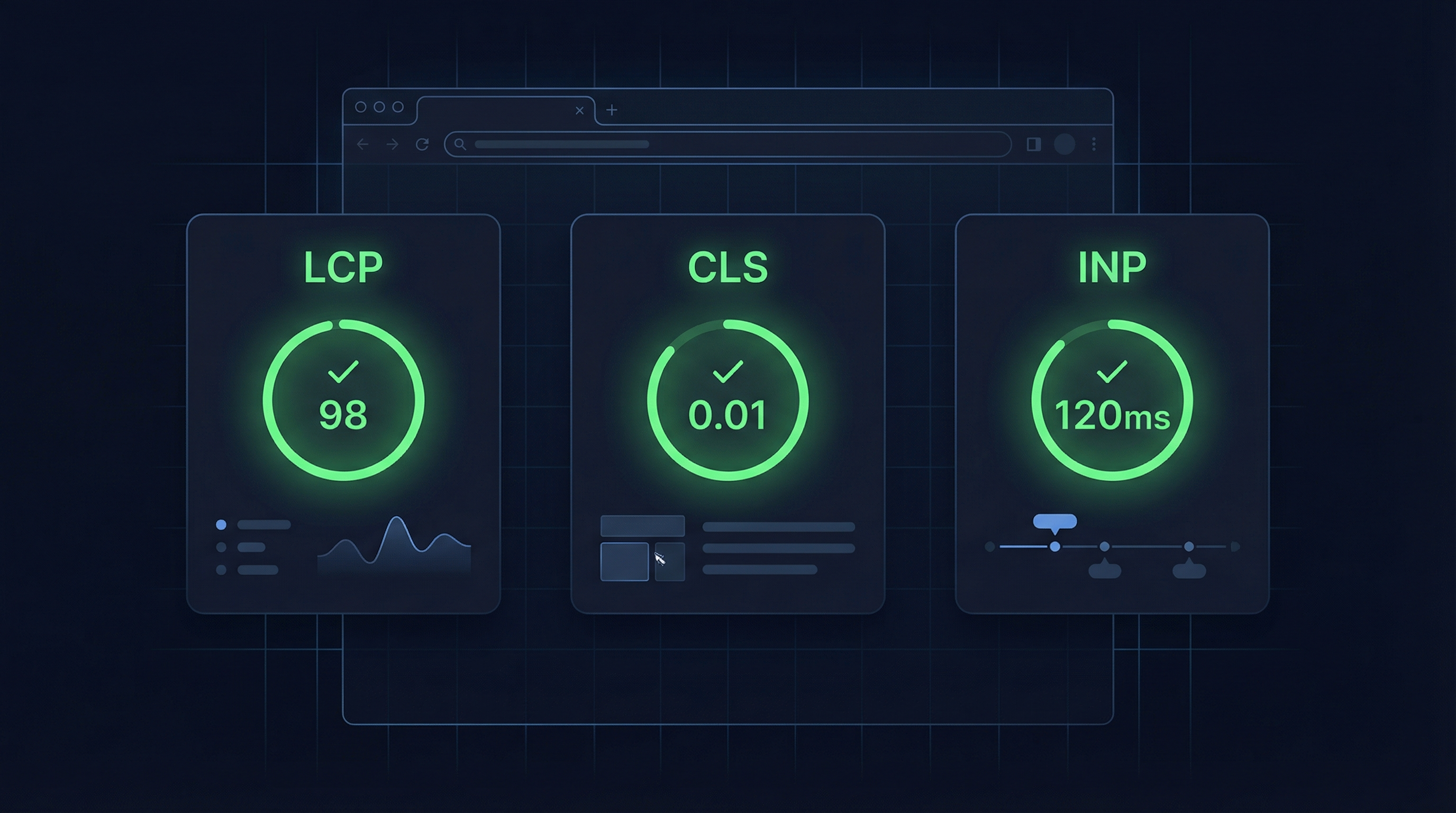 Core Web Vitals metrics including LCP INP and CLS