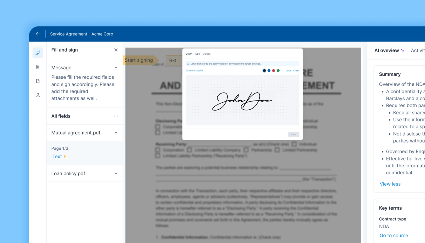 Electronic signature software used to complete a business agreement