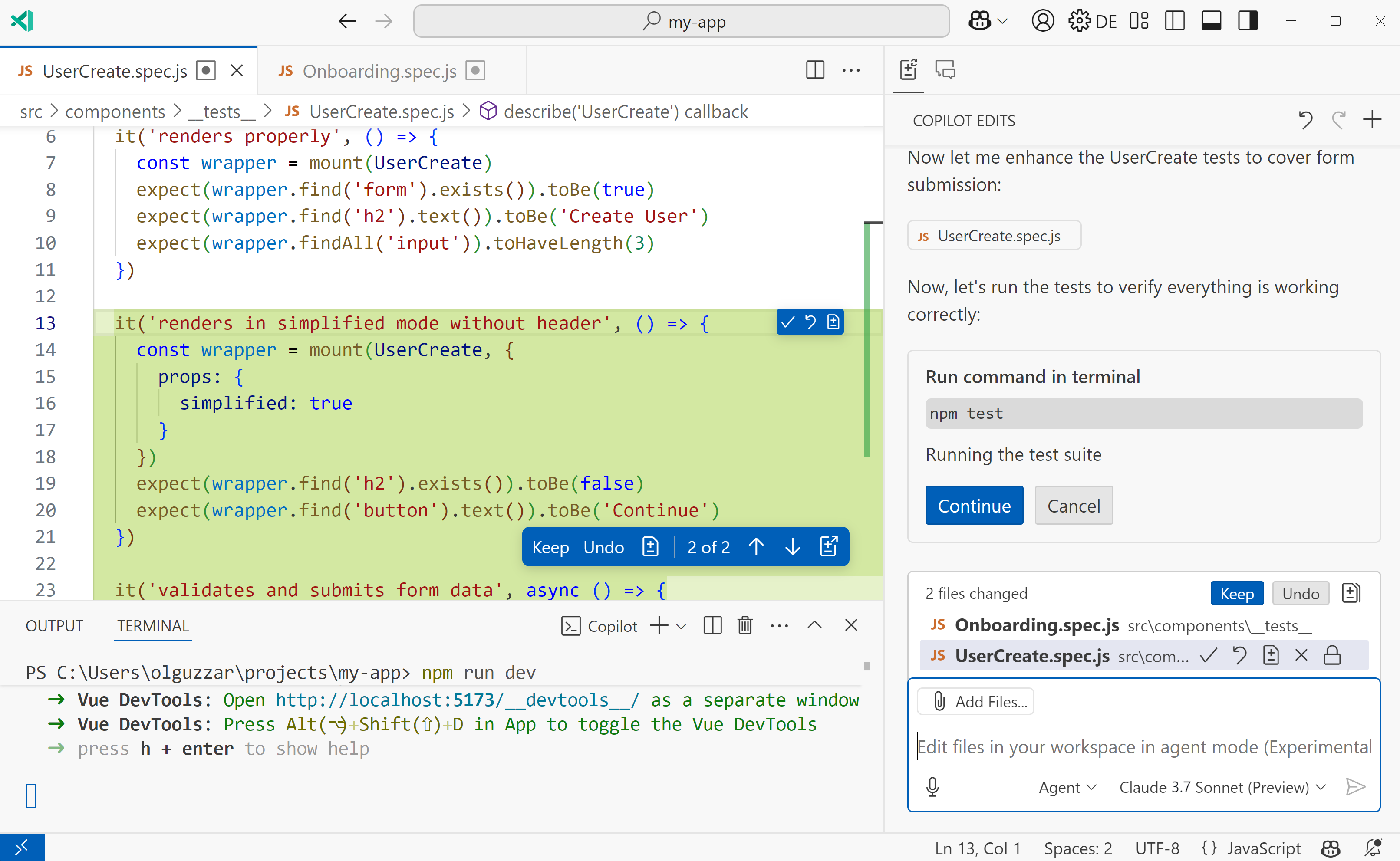 GitHub Copilot agent mode assisting with multi-file coding work