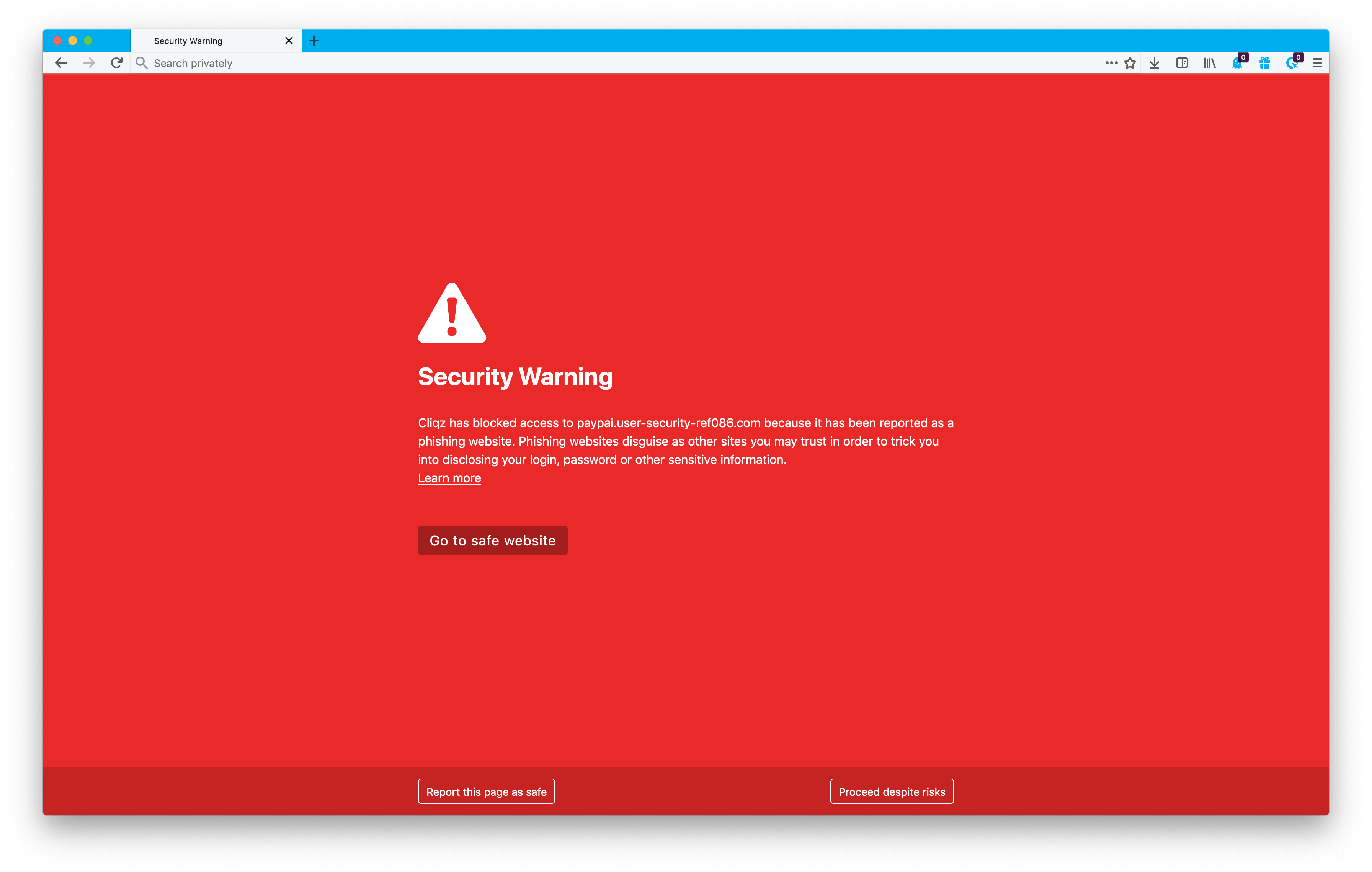 Browser warning displayed for a phishing or malware website