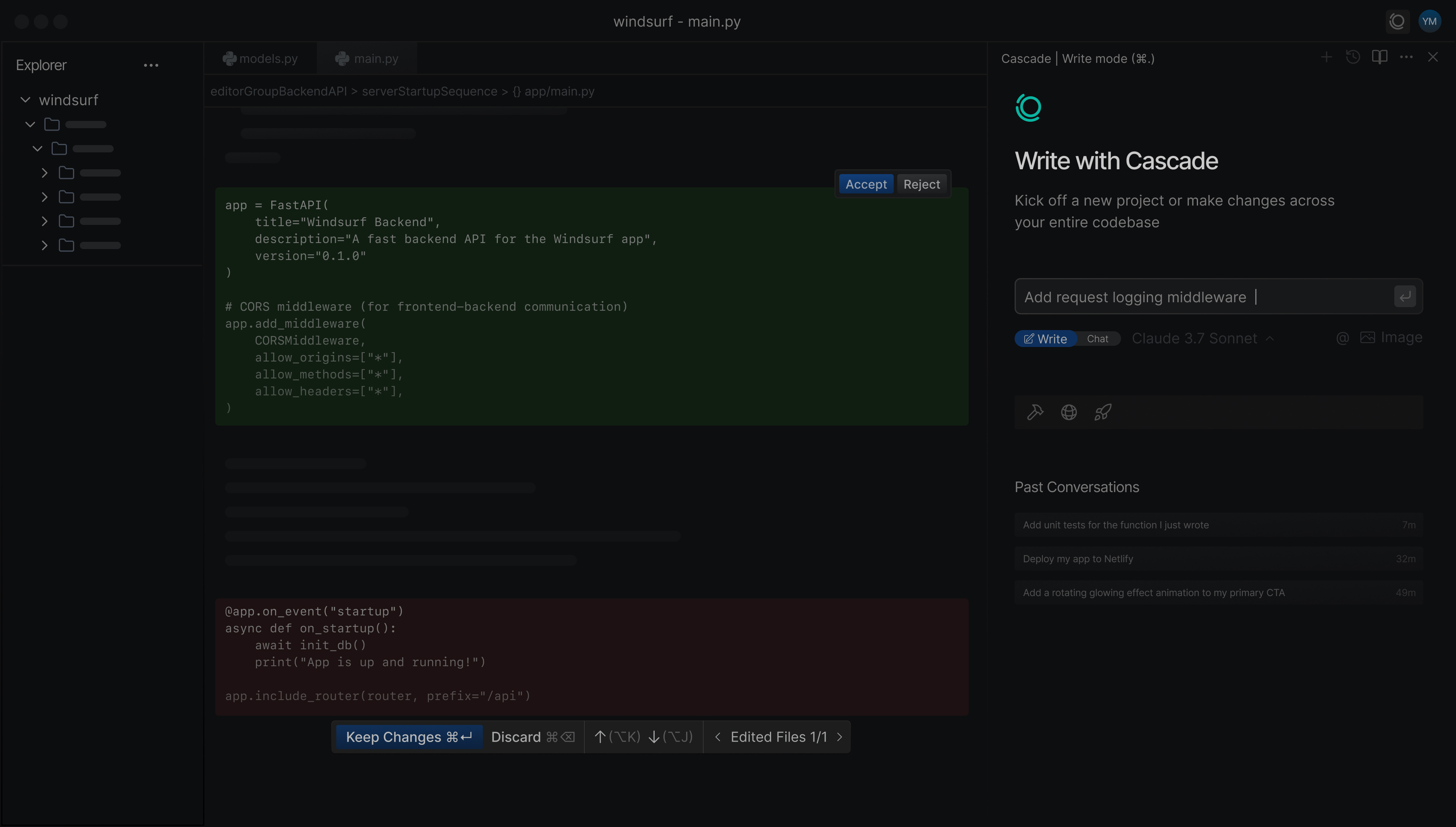 Windsurf Cascade AI coding workflow with project context
