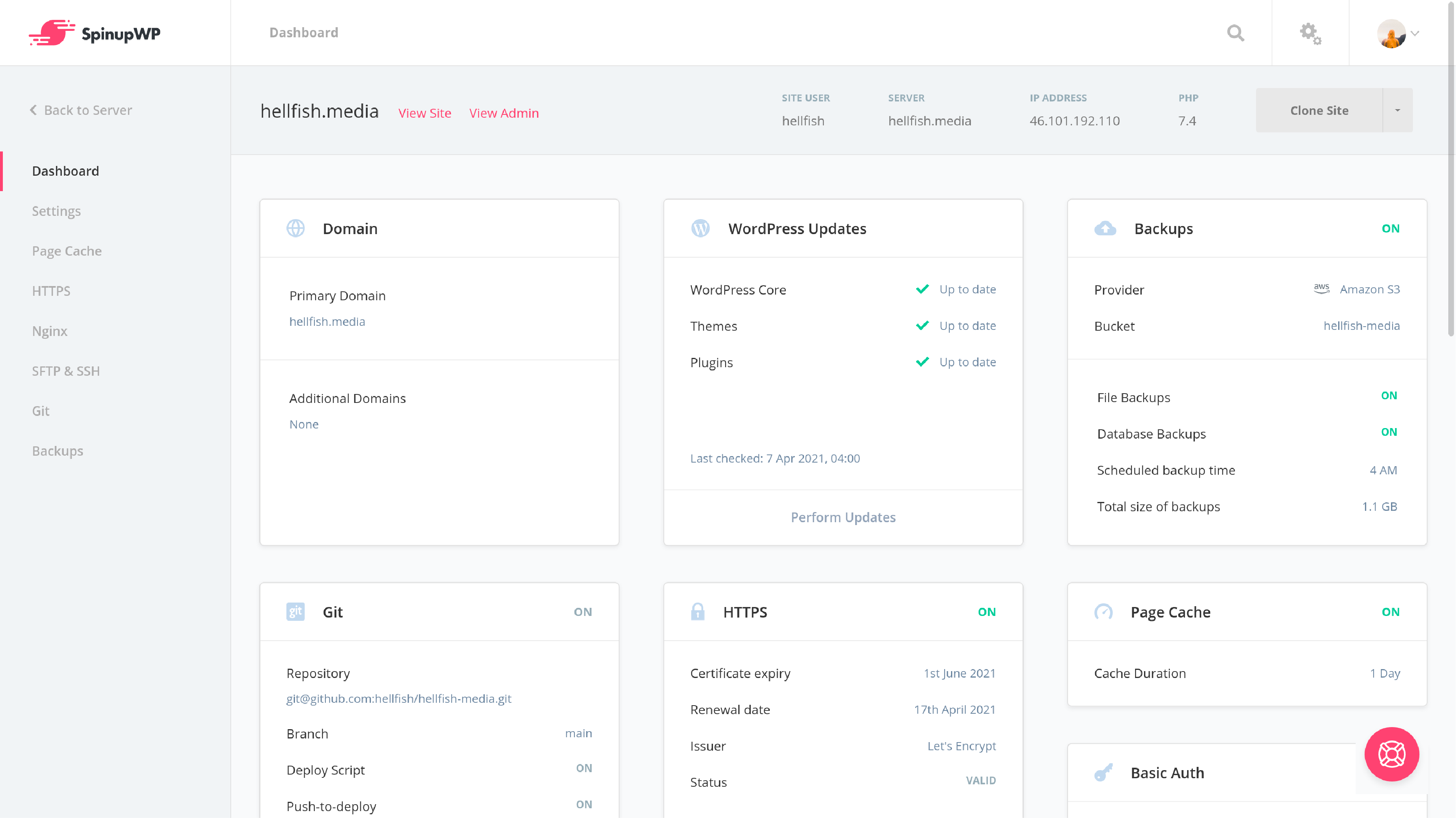 WordPress website management on a hosting platform